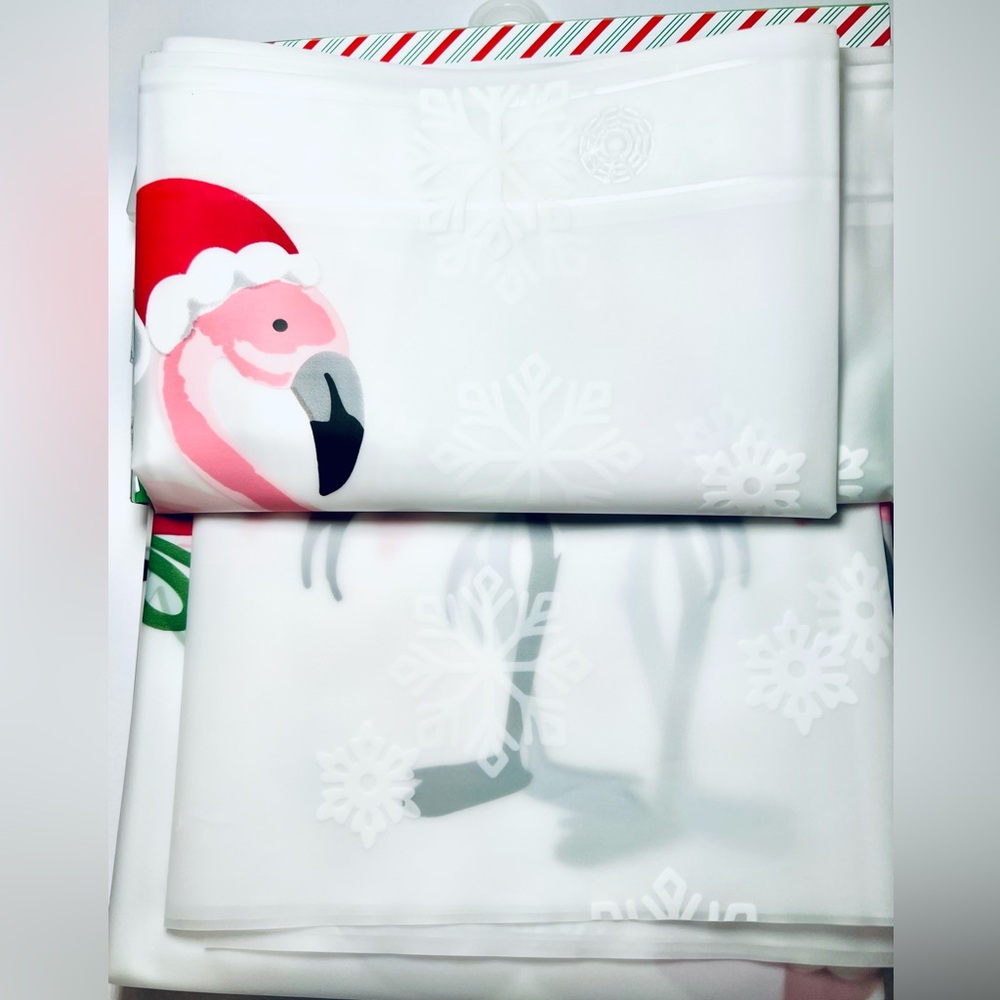 Christmas Pink Flamingos Peva Shower Curtain Tropical Snowflakes Santa Hats - Picture 2 of 5